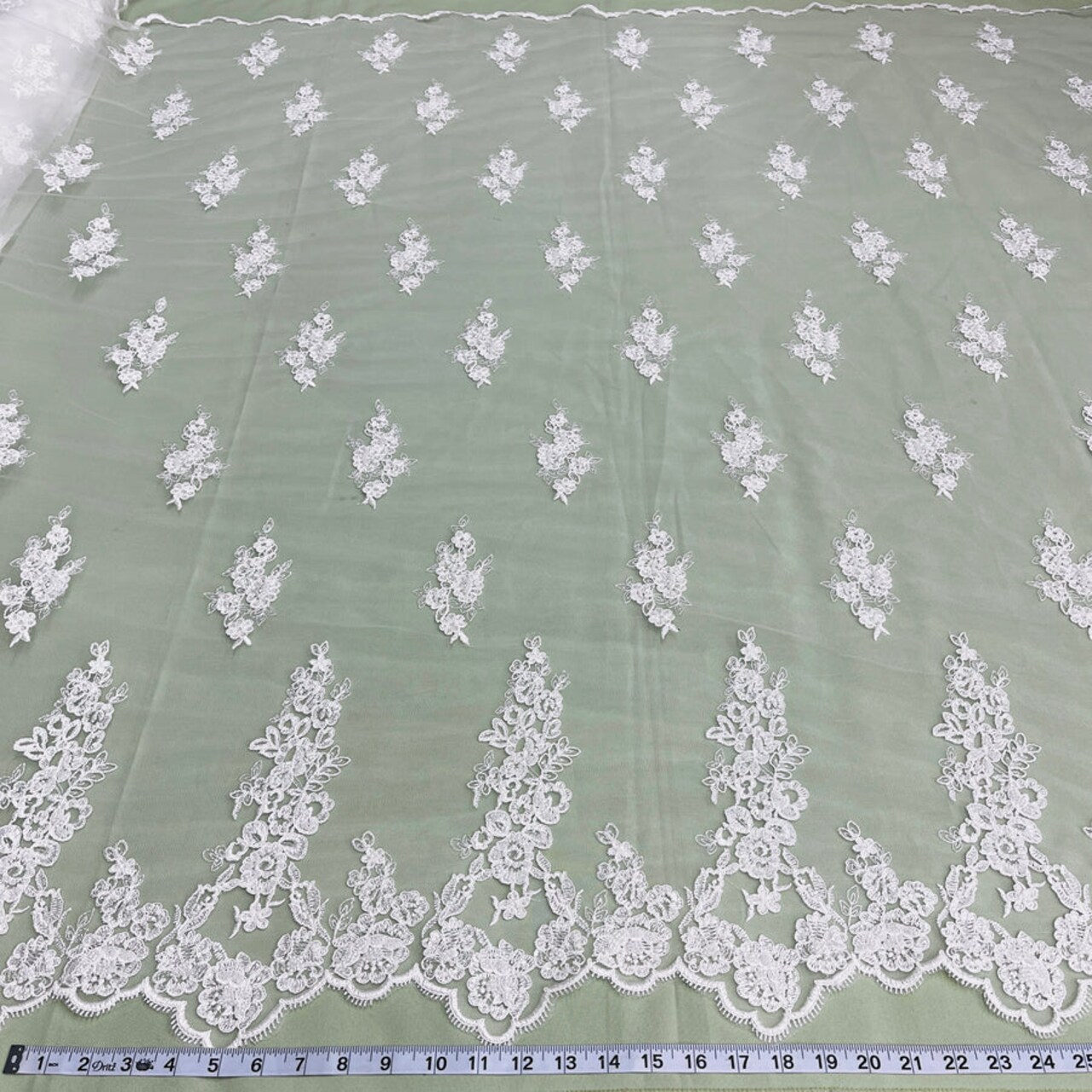 1 Yard Ivory Beaded and Corded Bridal Lace Fabric Embroidered on Polyester Net Mesh 54 Inch Width